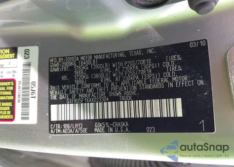 2010 Toyota Tundra Grade V6 из США, поврежденный, VIN 5TFRU5F1XAX023304